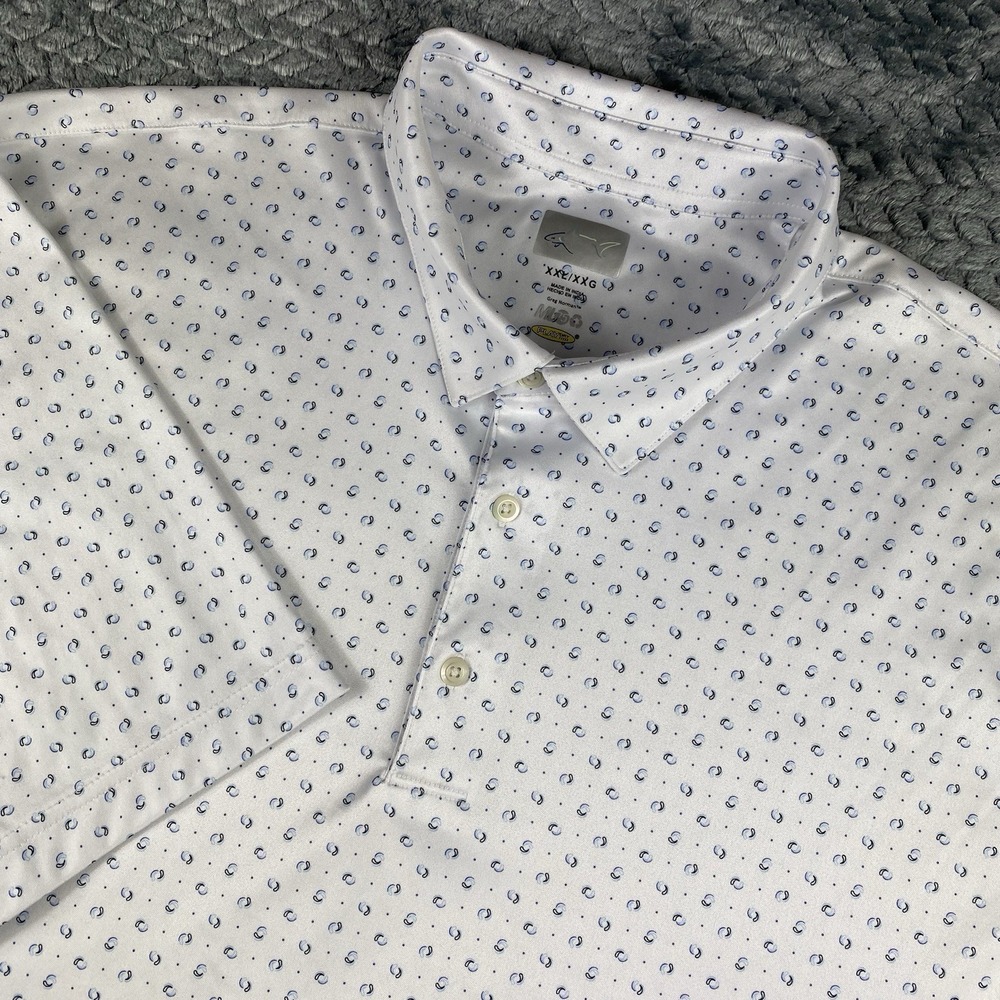 Greg Norman Polo Shirt Mens 2XL White Micro Paisley Golf Casual Short Sleeve